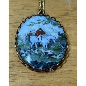 Vintage Gold Tone Pendant Cabochon Oval Equestrian Horse Fox Hunt Dogs Country